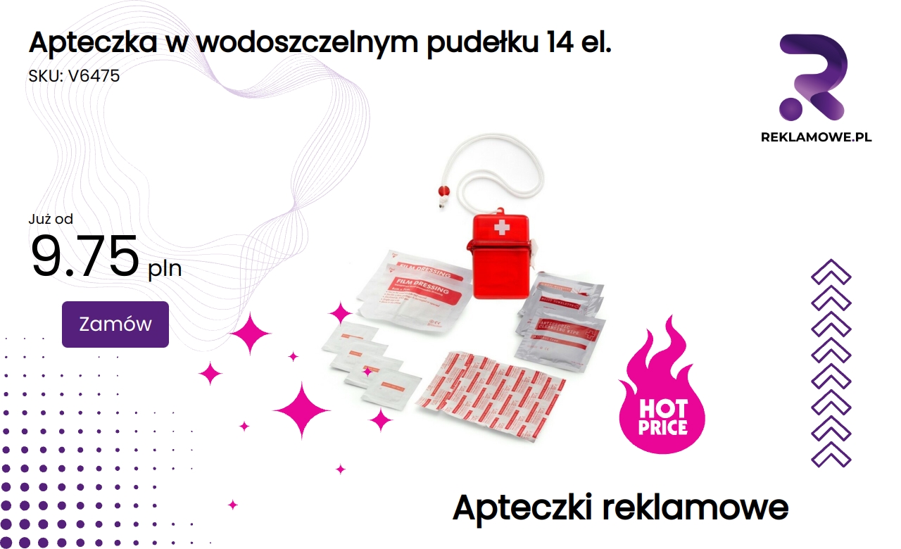 Apteczka w wodoszczelnym pudełku zawierająca 14 elementów