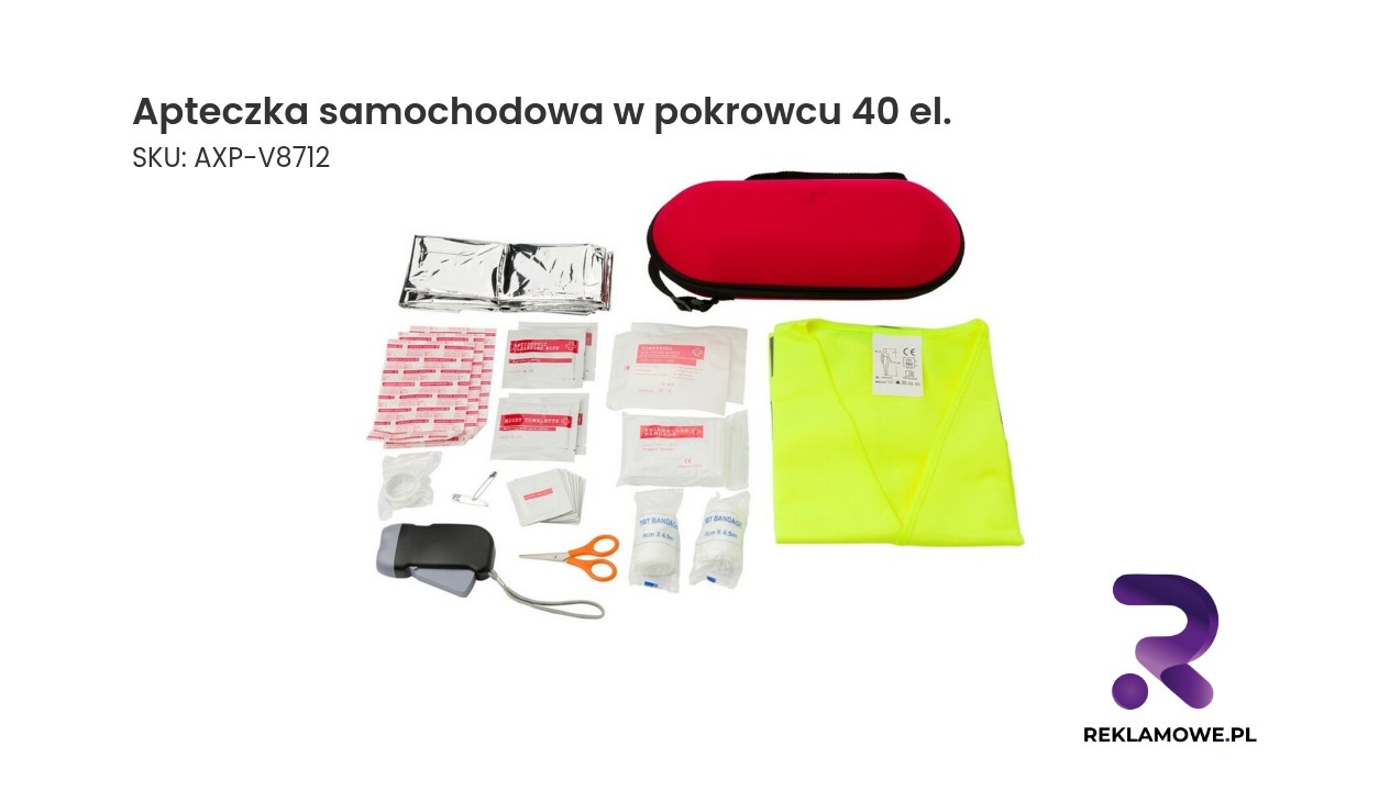 Apteczka samochodowa w pokrowcu, 40 el. Apteczka samochodowa w pokrowcu 40 elementów – wyposażenie pierwszej pomocy do auta