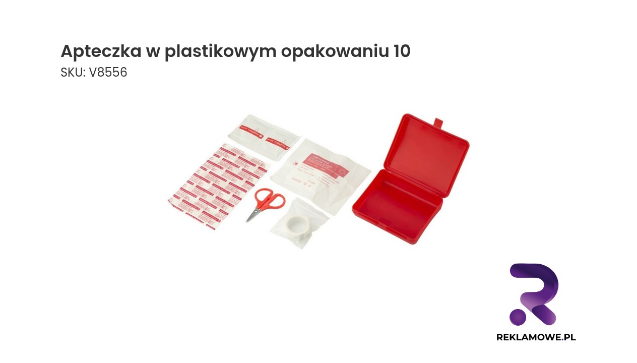 Apteczka w plastikowym opakowaniu zawierająca 10 elementów