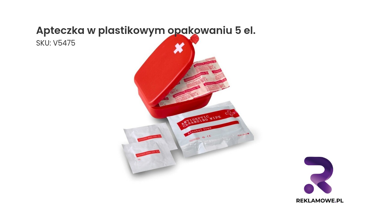 Apteczka w plastikowym opakowaniu zawierająca 5 elementów