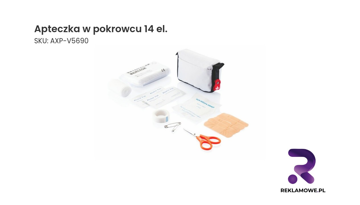 Zdjęcie apteczki w pokrowcu, zawierającej 14 elementów